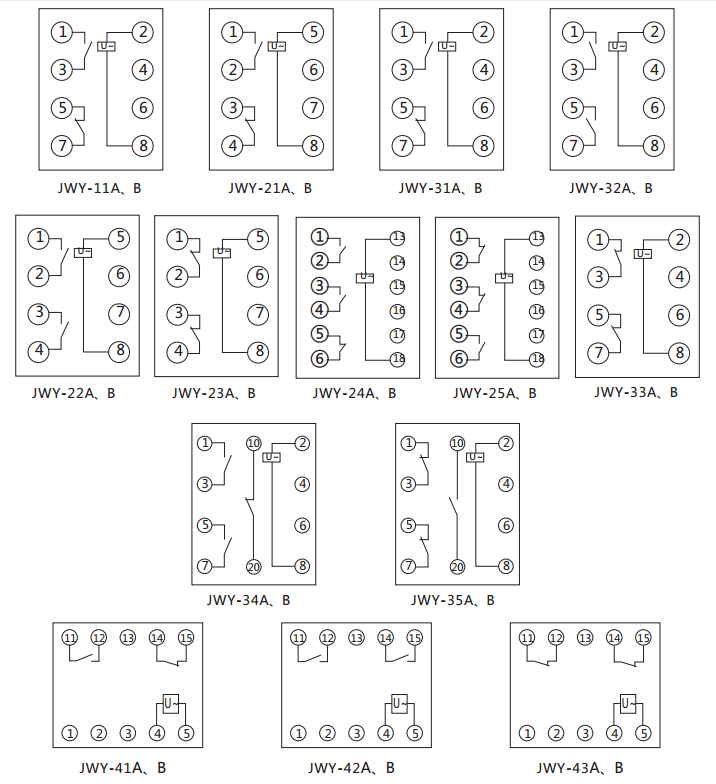 JWY-41A無(wú)輔助源電壓繼電器內(nèi)部接線(xiàn)及外引接線(xiàn)圖（正視圖）