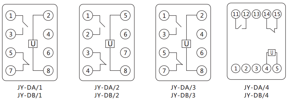 JY-DB/4集成電路直流電壓繼電器內(nèi)部接線圖及外引接線圖（正視圖）