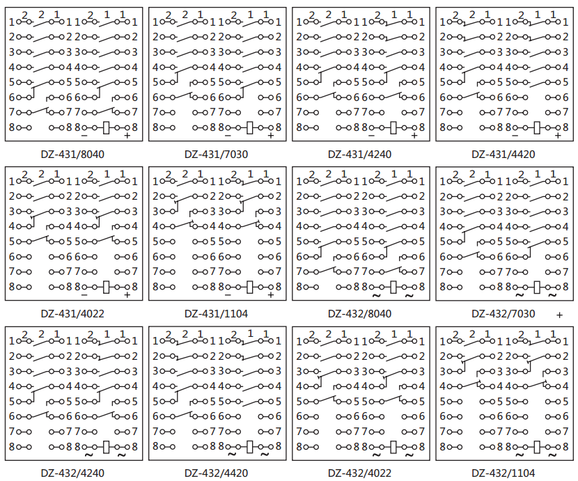 DZ-432中間繼電器內(nèi)部接線圖及外引接線圖（背視）