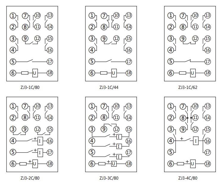 ZJ3-3C/80快速中間繼電器內(nèi)部接線圖及外引接線圖(正視圖)