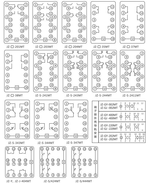 JZ-Y-404MT跳位、合位、電源監(jiān)視中間繼電器內(nèi)部接線圖