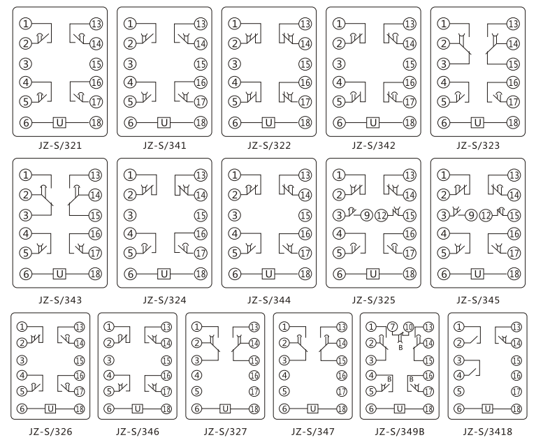 JZ-S/2211靜態(tài)可調(diào)延時(shí)中間繼電器內(nèi)部接線圖及外引接線圖