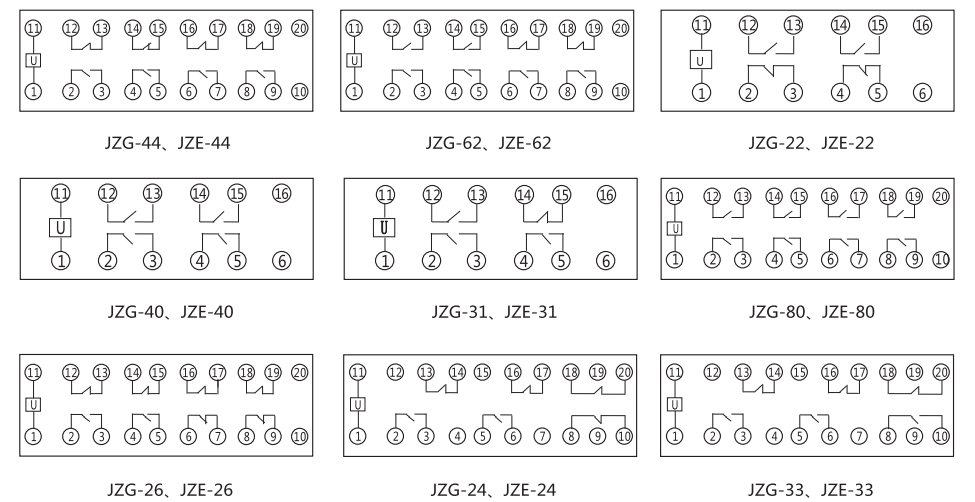 JZG-40卡軌式靜態(tài)中間繼電器內(nèi)部端子外引接線圖