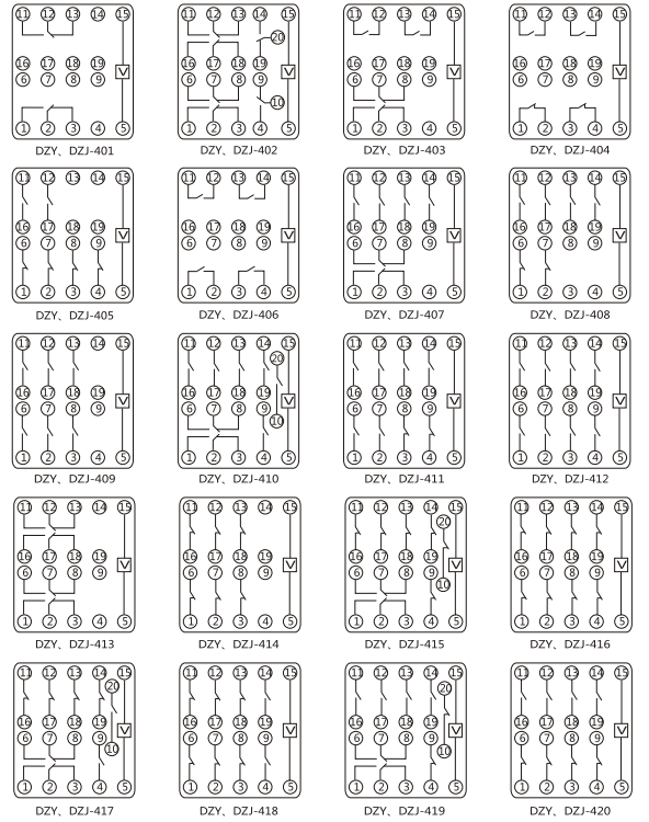 DZY（J)-410導(dǎo)軌式中間繼電器內(nèi)部端子外引接線圖(正視)
