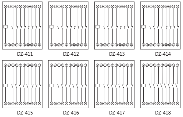 DZ-411中間繼電器內部接線圖以及外引接線圖